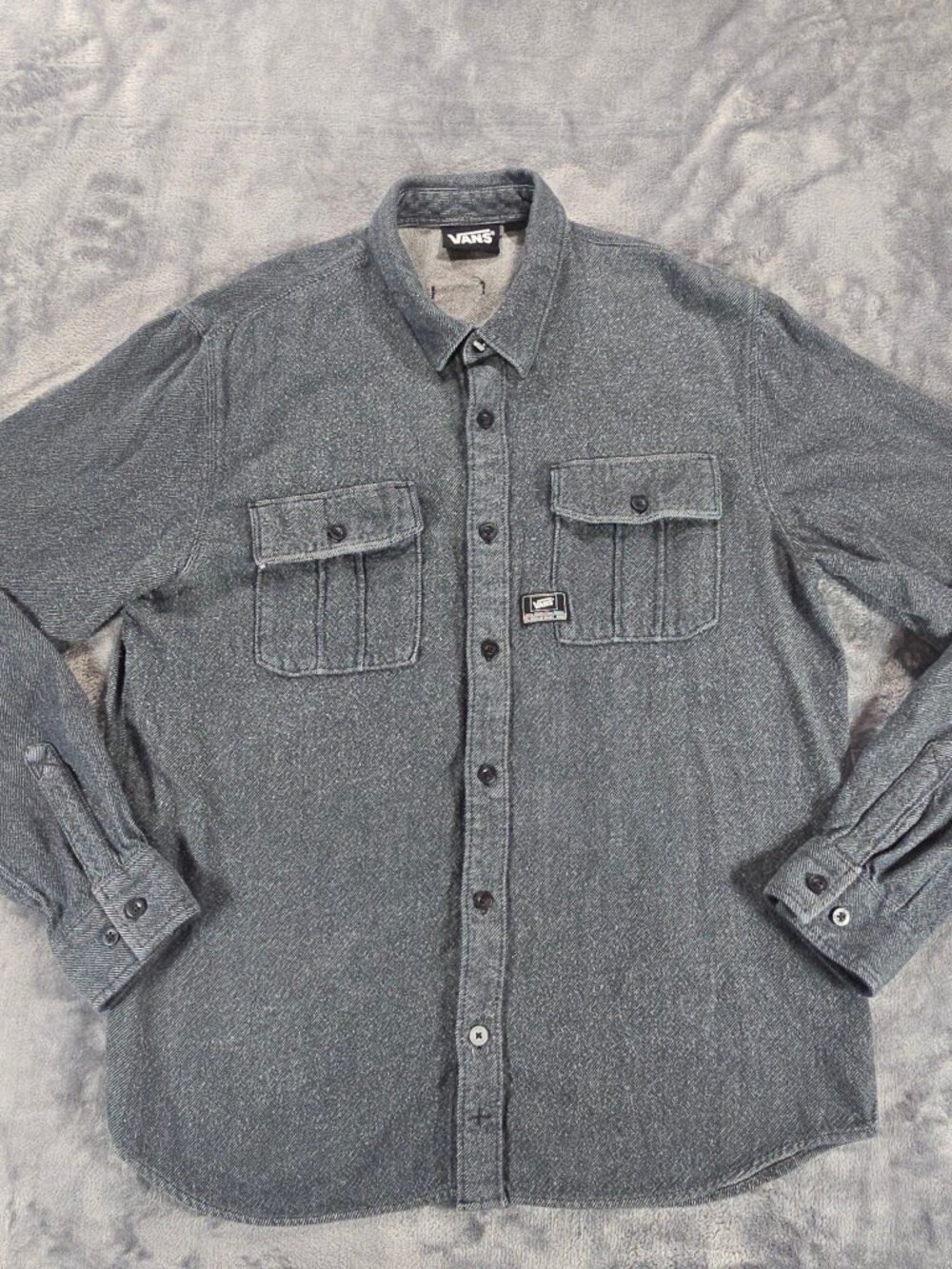 Vans Button Down Shirt Mens L Gray Blue Knit Long Sleeve